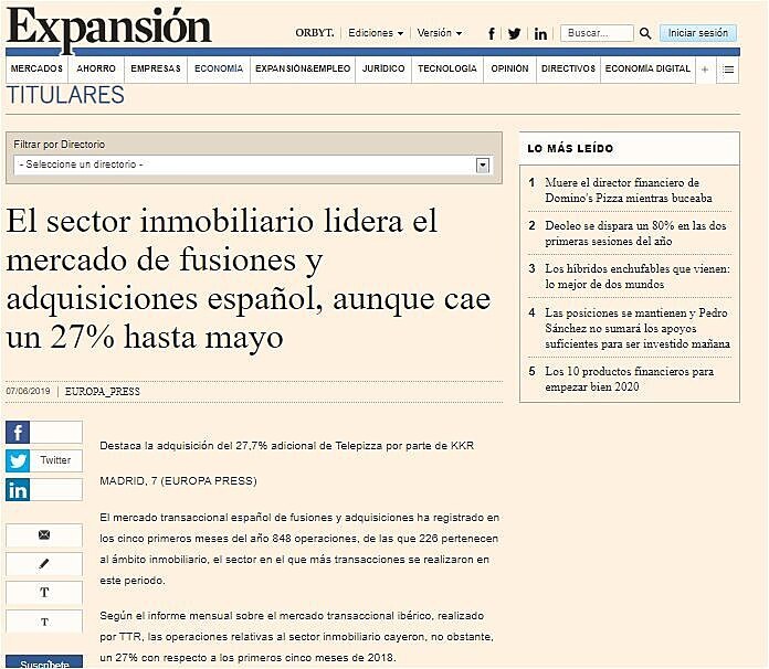 El sector inmobiliario lidera el mercado de fusiones y adquisiciones espaol, aunque cae un 27% hasta mayo